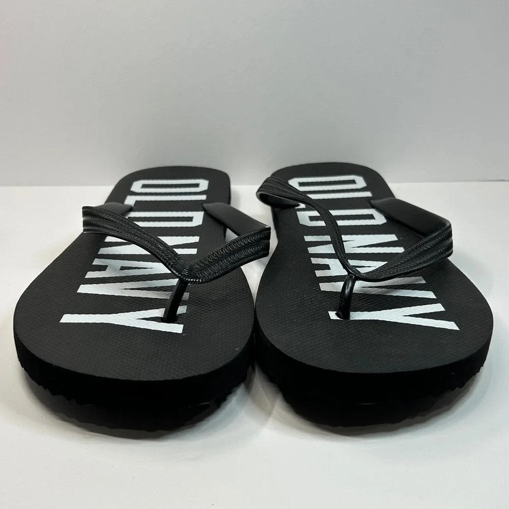Old Navy Mens Flip Flops Black Jack‎ Print Logo Sandals 12-13 Band New